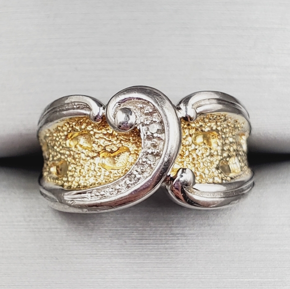 Genuine Diamond 14k Yellow Gold / 925 Sterling Silver Footprint in Sand Ring - Picture 1 of 7